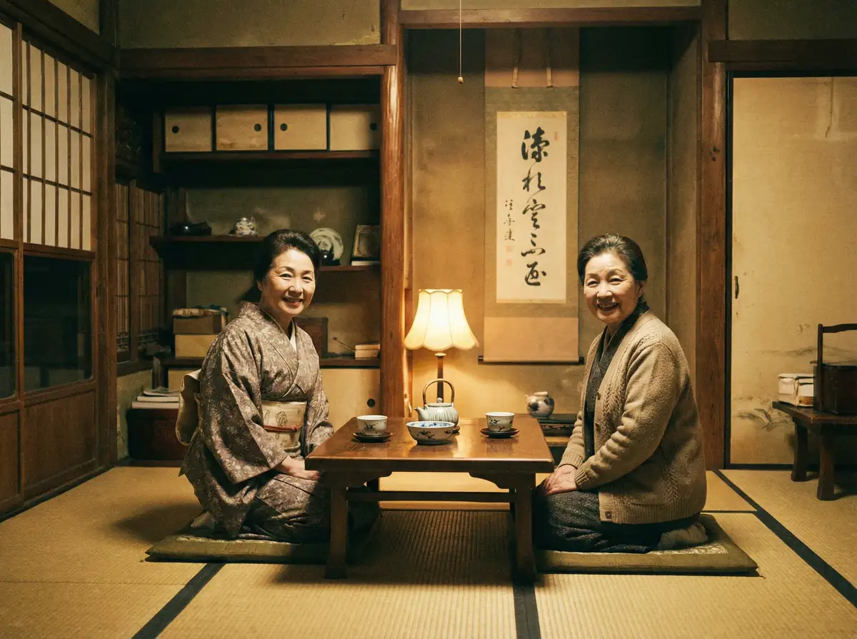 两位优雅的 神艺缘馨缘 在日式茶室中品茶交谈